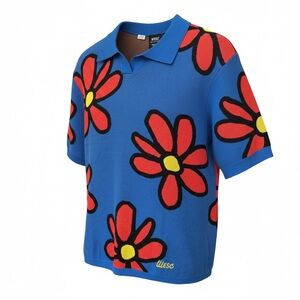 WESC Collar Blue w/Red Floral Polo 100% Cotton Oversized Men’s M Women L